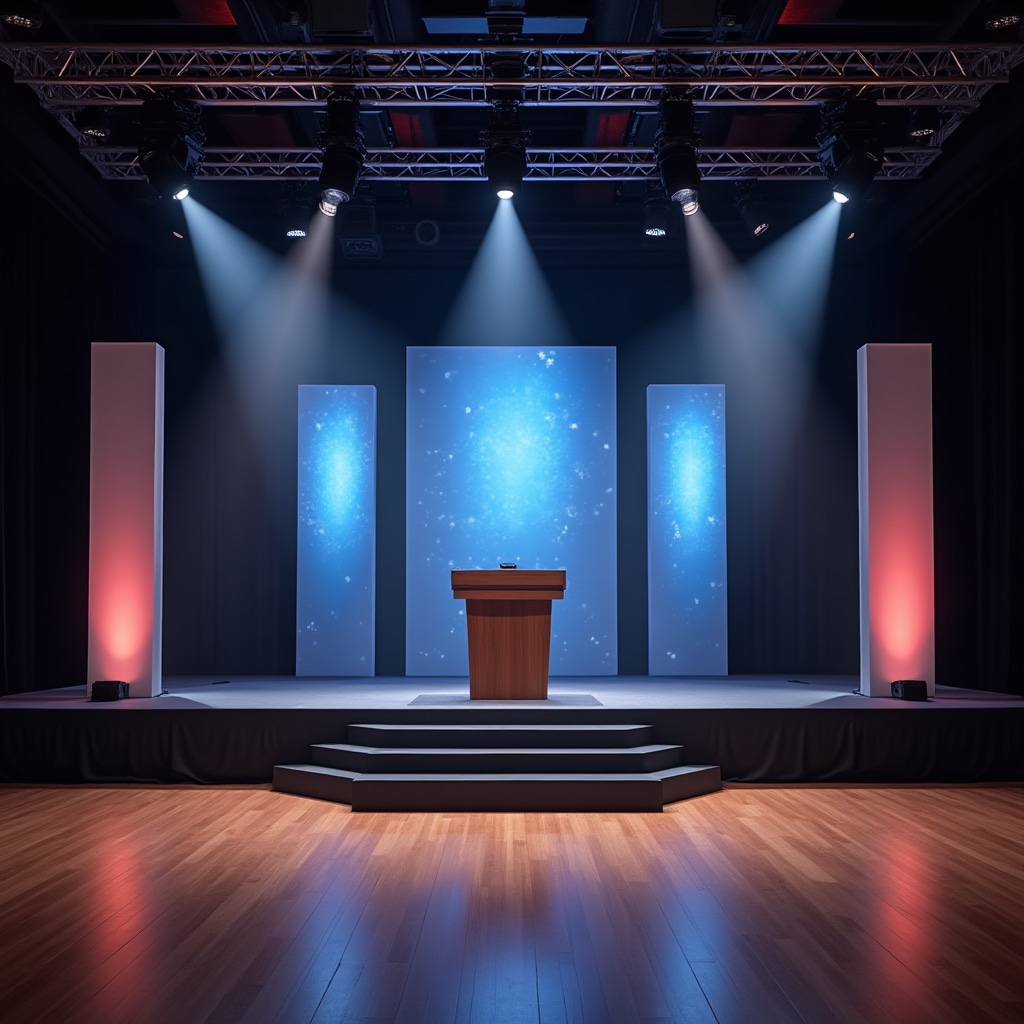 Professional award ceremony stage setup with podium, lighting, and recognition display screens in corporate venue