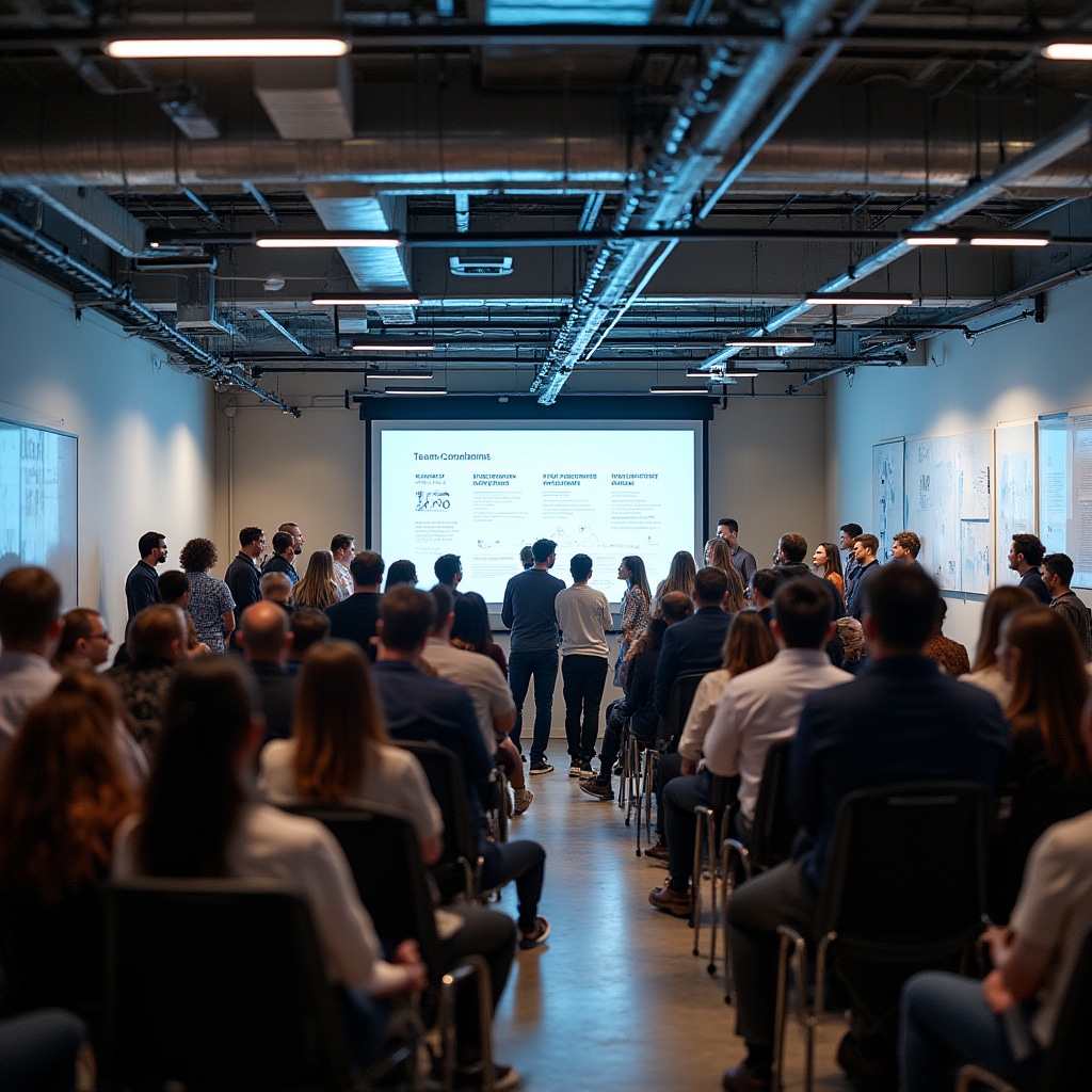 Company milestone celebration event with employees gathered around achievement displays and commemorative presentations in modern venue