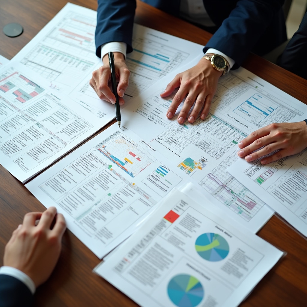 Event planning materials including checklists, timelines, and coordination documents spread on conference table