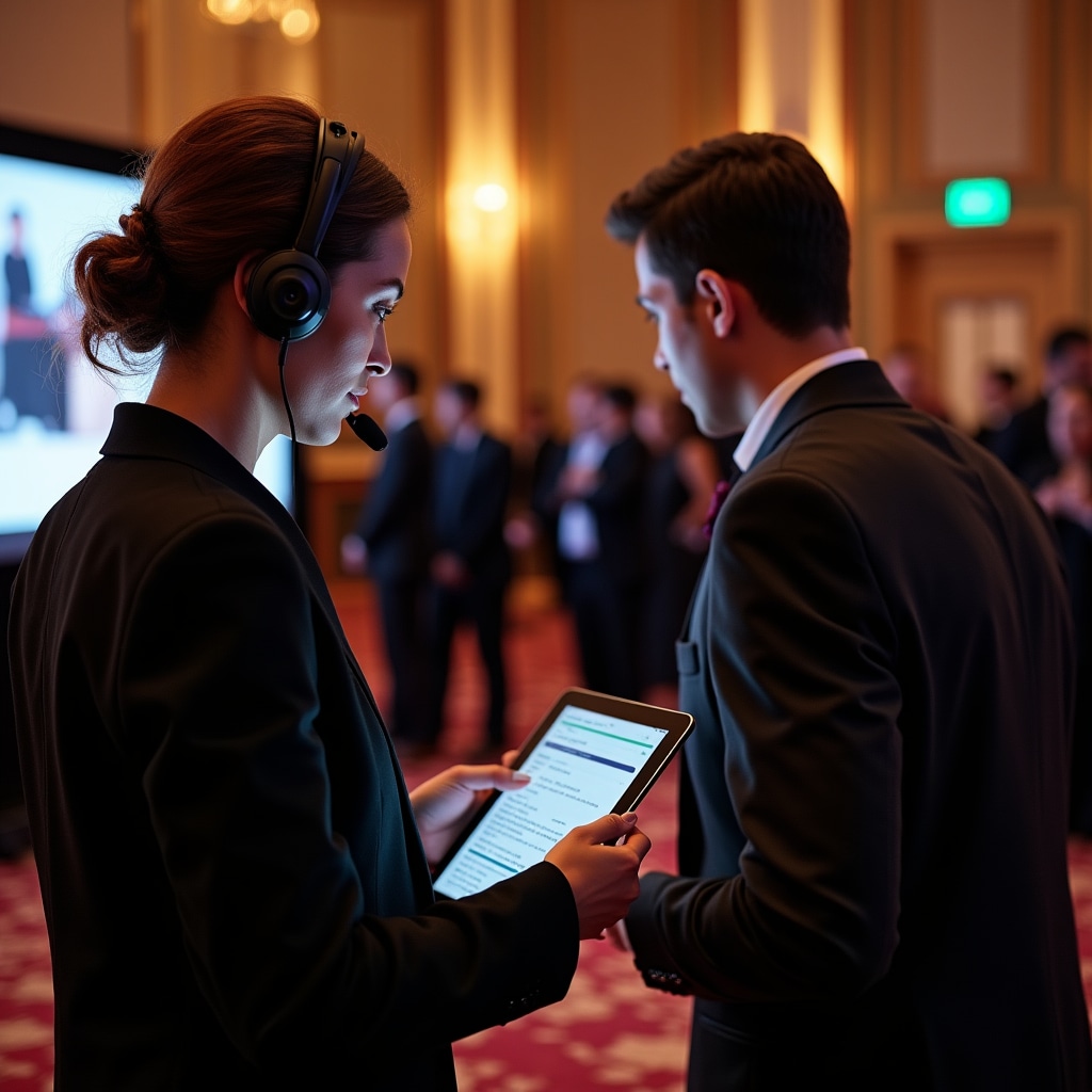 Event coordinator reviewing programme timeline and coordinating with technical staff during corporate celebration