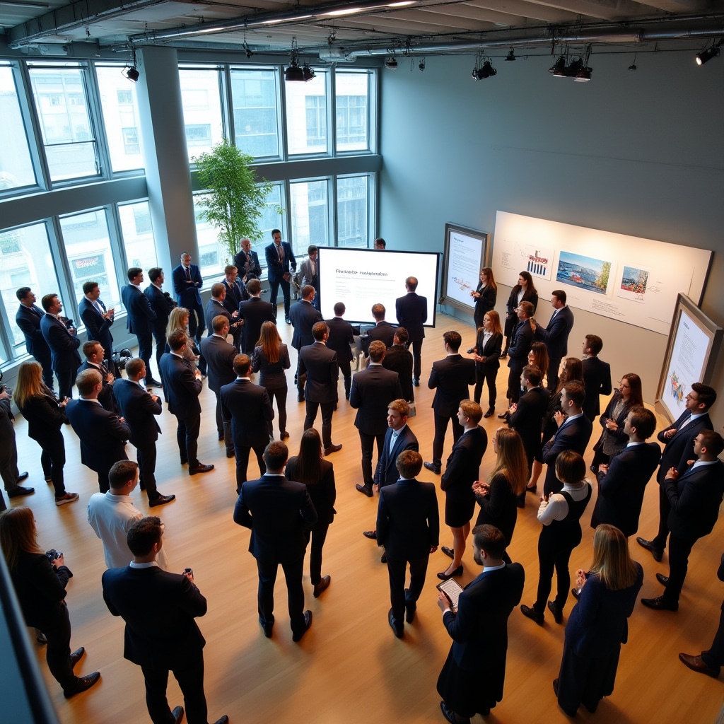 Corporate team gathered for milestone achievement celebration with project completion displays and team recognition elements