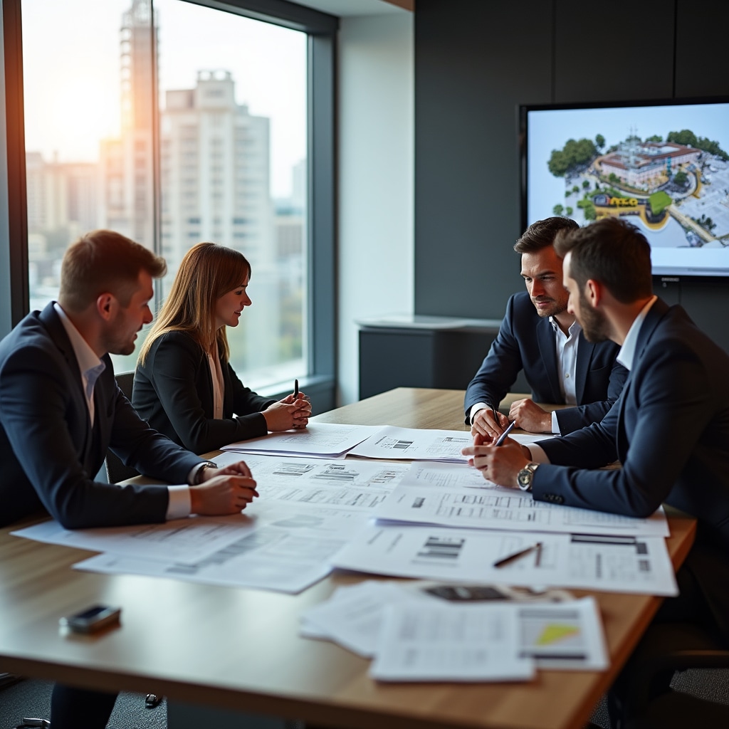 Event planning team reviewing venue layouts and programme schedules during coordination meeting