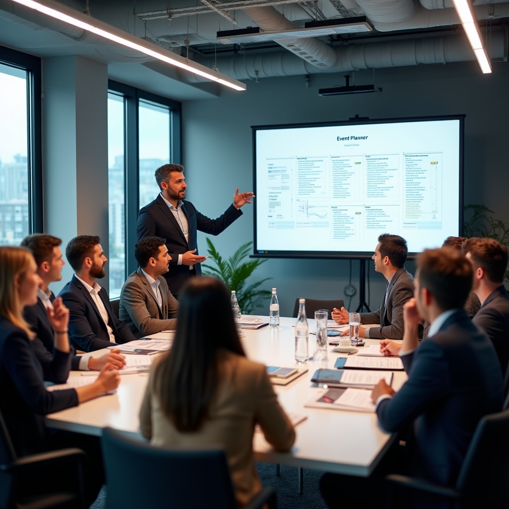 Corporate training workshop with participants engaged in event planning exercises and coordination activities