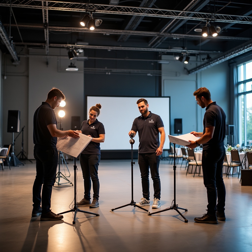 Event venue during preparation phase with staff coordinating table arrangements, technical equipment, and decorative elements